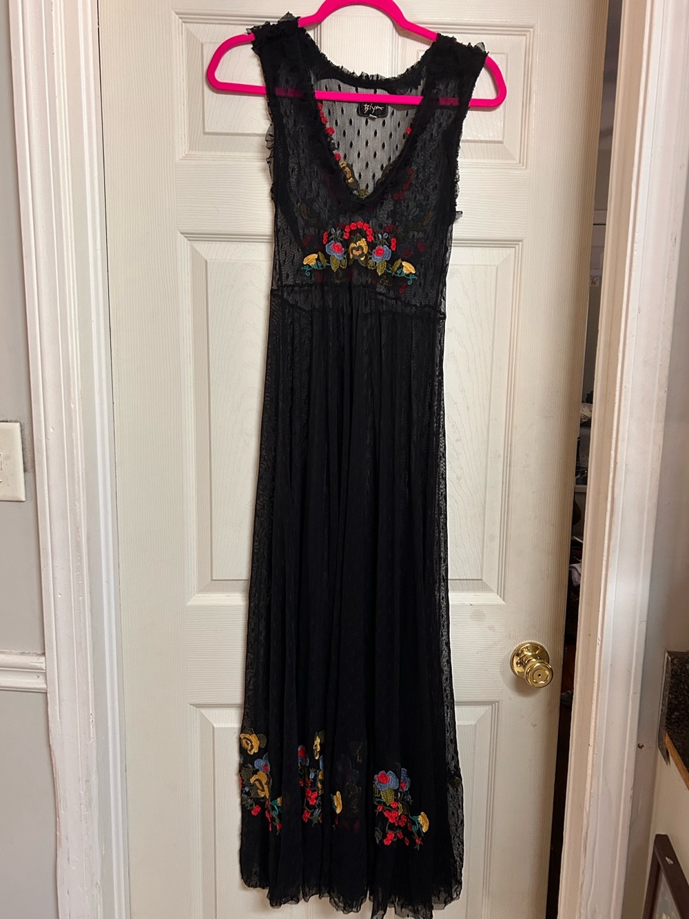 Vintage/Rare Biya Black Mesh Embroidered Floral Maxi Dress